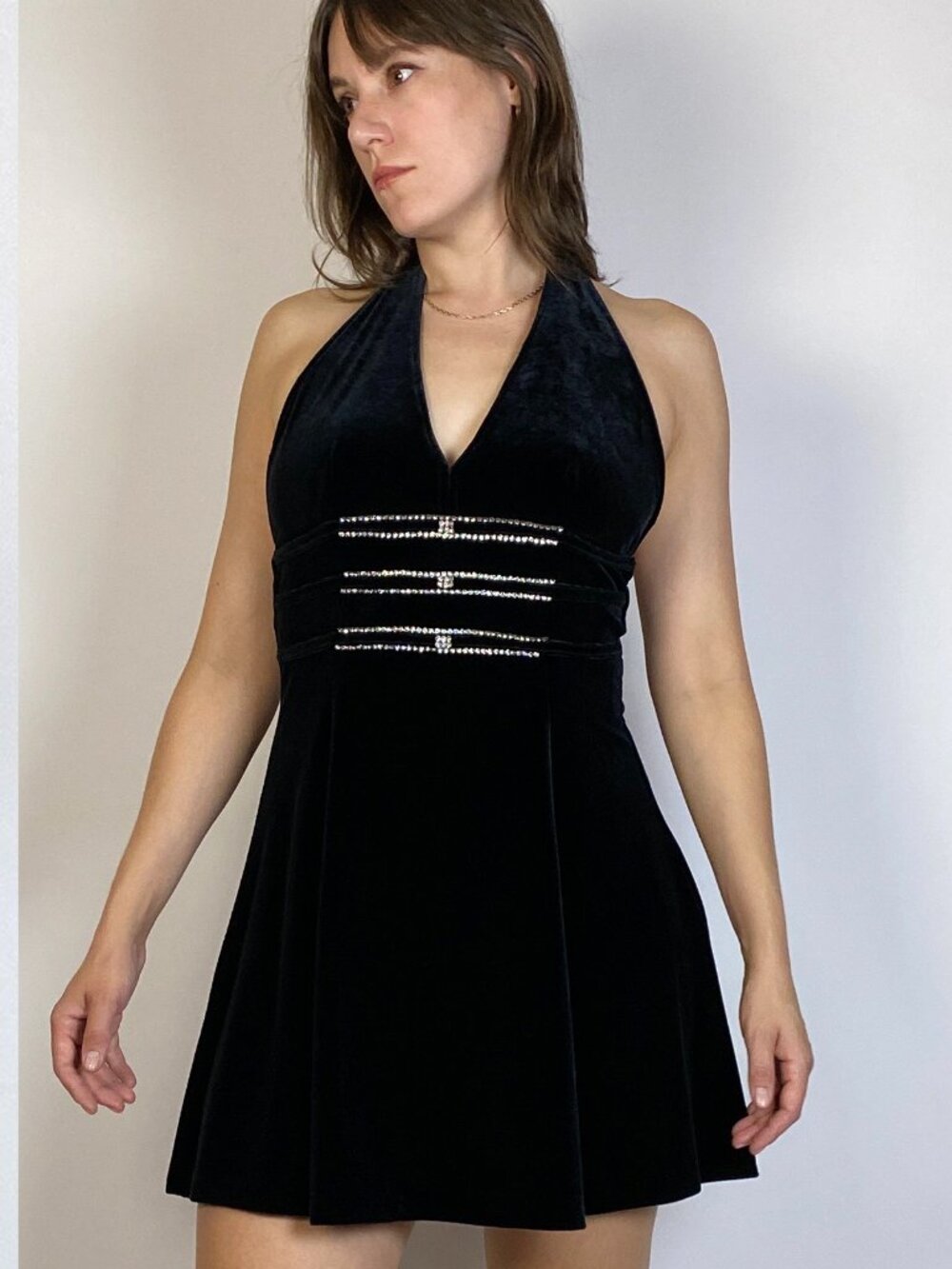 Vintage 1990s VELVET & RHINESTONE Halter Mini Dress! Medium
